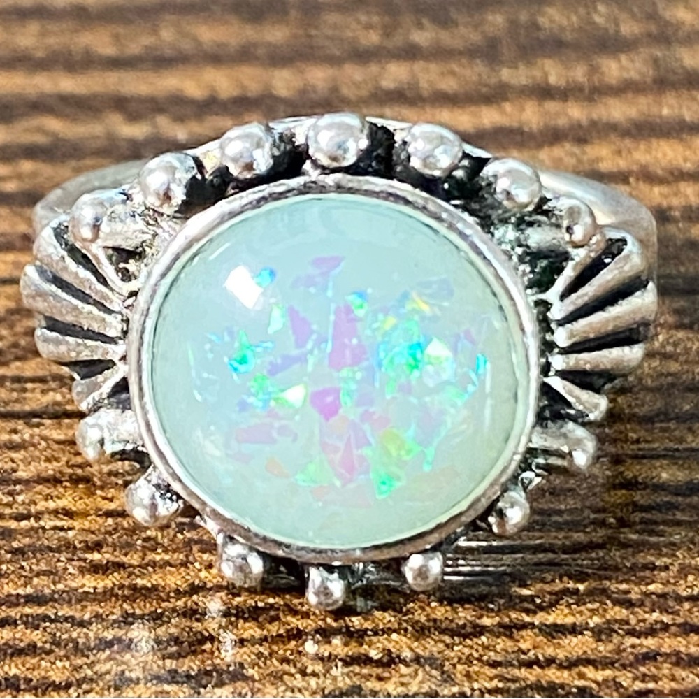 Round Blue Opal Stone Stainless Steel Women’s Ring Size 5